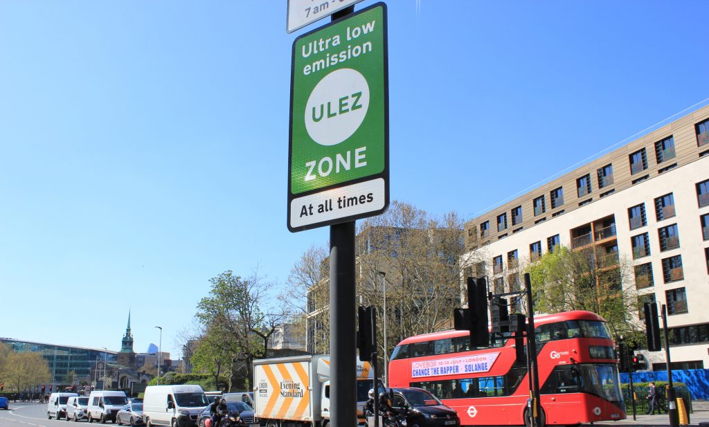 ULEZ zone sign, a part of the low emission zone initiative